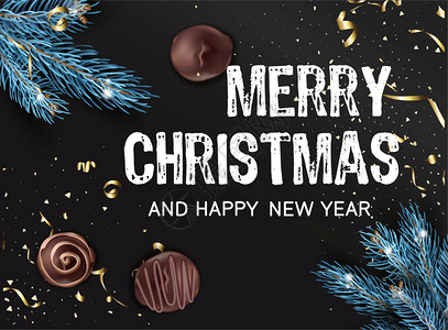配香囊字体庆祝圣诞节和新年日配松树枝和小园地的节日装饰卡带果仁的糖和金色罐头节庆和祝贺平式的病媒圣诞快乐和新年糖果和松树背景