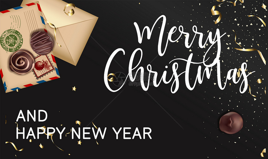 庆祝冬季节假日快乐的圣诞节和新年快乐用书写文字和信封的节日旗帜巧克力糖果和甜品平式的病媒圣诞快乐和新年冬季假日图片