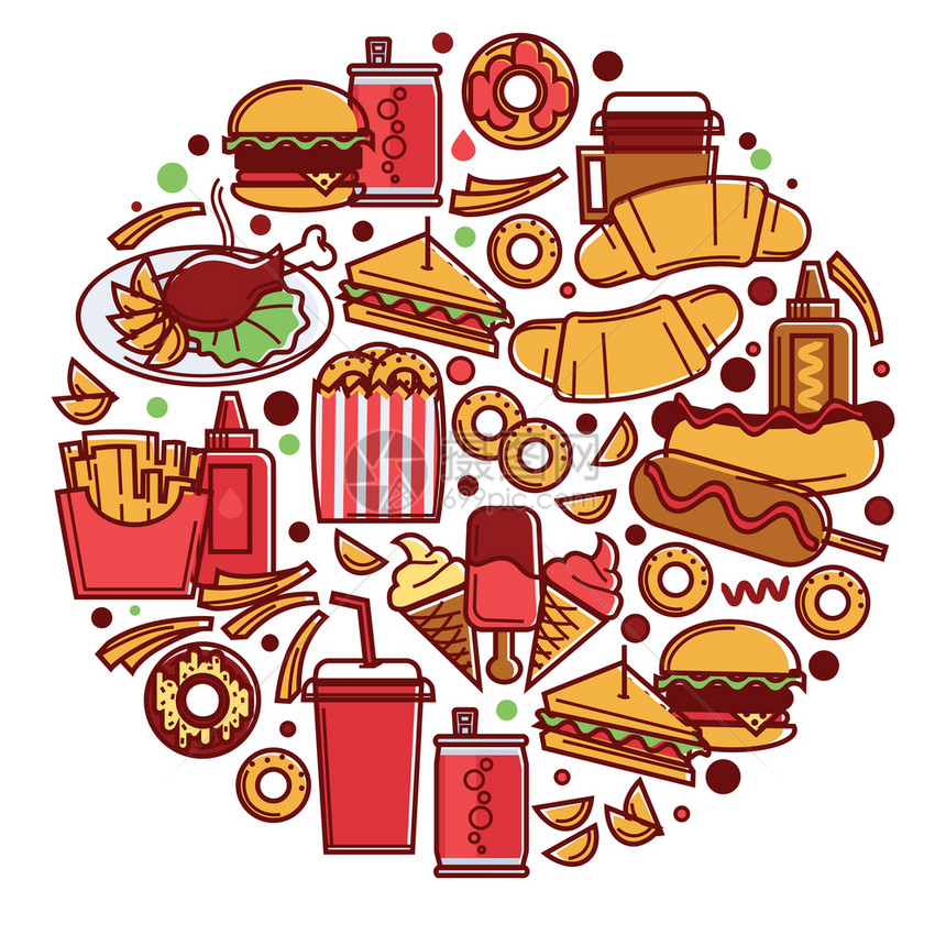 汉堡和芝士零食和加饮料的甜点圈和有咖啡可乐的羊角面包热狗和鸡腿烤肉平式病媒圆环快餐零食和饮料晚宴图片