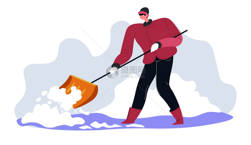 男人物使用木或塑料铲子来清理从雪中走出的道路和带铲子的清洁工冬季和后院照顾工人外面作的人平式病媒冬季用木铲子清洗雪的人图片