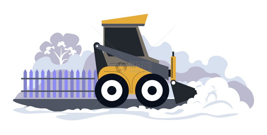 特别机械清洁道路包括雪清除或从城市公路和高速上的冰或从雪中清除吹者或运输工具帮助应付大量的积雪花平板的矢量图片