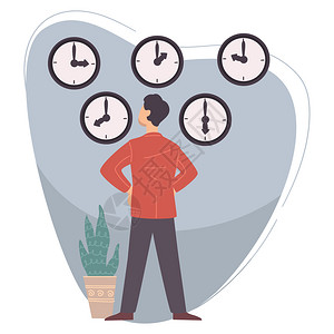 守时男角色在看挂墙上的时钟商业和间管理雇员或老板匆忙倒计时或设定最后期限带手表的专业经理平式的矢量正在看手表的商人时间管理插画
