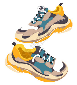 橡皮底帆布鞋用于培训和体育锻炼的Trindy运动鞋配有彩色带和皮革的单用于跑步街道风格和时尚服装的运动平板病媒用于培训的时装运动鞋用于培训的插画