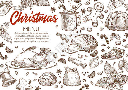 带有传统餐具的菜单用于庆祝圣诞节产品和膳食烤鸡布丁姜饼干和热饮单色素描大纲平式矢量圣诞菜单复制空间和色食物背景图片