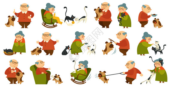 老人玩养猫和狗祖母父养家宠物退休人员与动物一起行走妇女编织衣服格组装平式病媒外祖母和父养猫狗外祖母父养猫狗插画