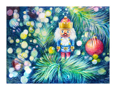 彩色小宝石的圣诞卡配有胡桃玩具和装饰圣诞树高清图片