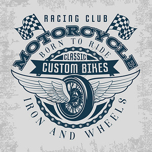 修理摩托车配有赛车俱乐部典型定制自行车铁轮和子的式机翼印刷品插画