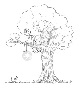 害怕小狗逃到树上的超人卡通矢量插画背景图片