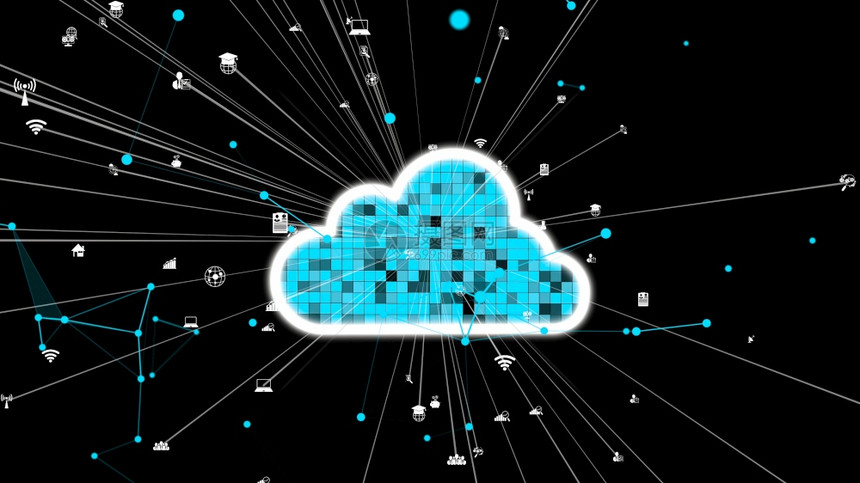 未来创新所需的云计算和数据储存技术计算机与互联网服务器连接用于3D中显示的云数据传输从而形成未来的图界面图片