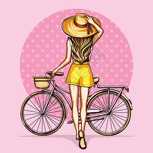 自行车粒子圆点带黄色短裤和草帽的流行艺术女孩骑自行车后退站着插画