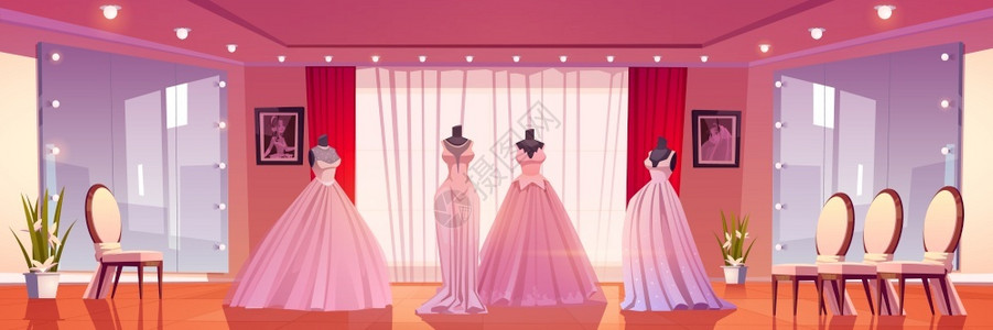 内地新娘商店在模特和有照明的大镜子上穿着婚纱的模特和大镜子背景图片