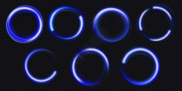 矢量现实的蓝色闪亮环和螺旋在透明背景下隔离的照明线环圆框背景图片