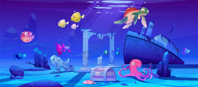 可爱极了深度海底海洋野生动物宝藏箱和沉船矢量插画插画