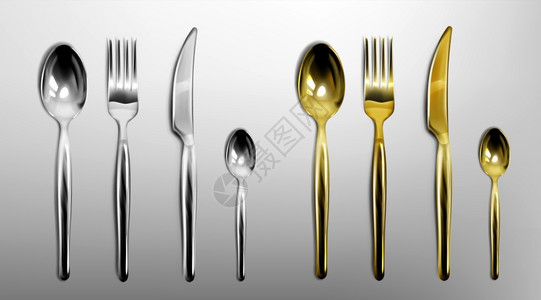 金属勺子3d金和银色叉刀勺子和茶匙的3D餐具银和金饮奢华金属具顶端视窗以灰色背景隔离现实矢量图3d餐具金和银叉刀勺子插画