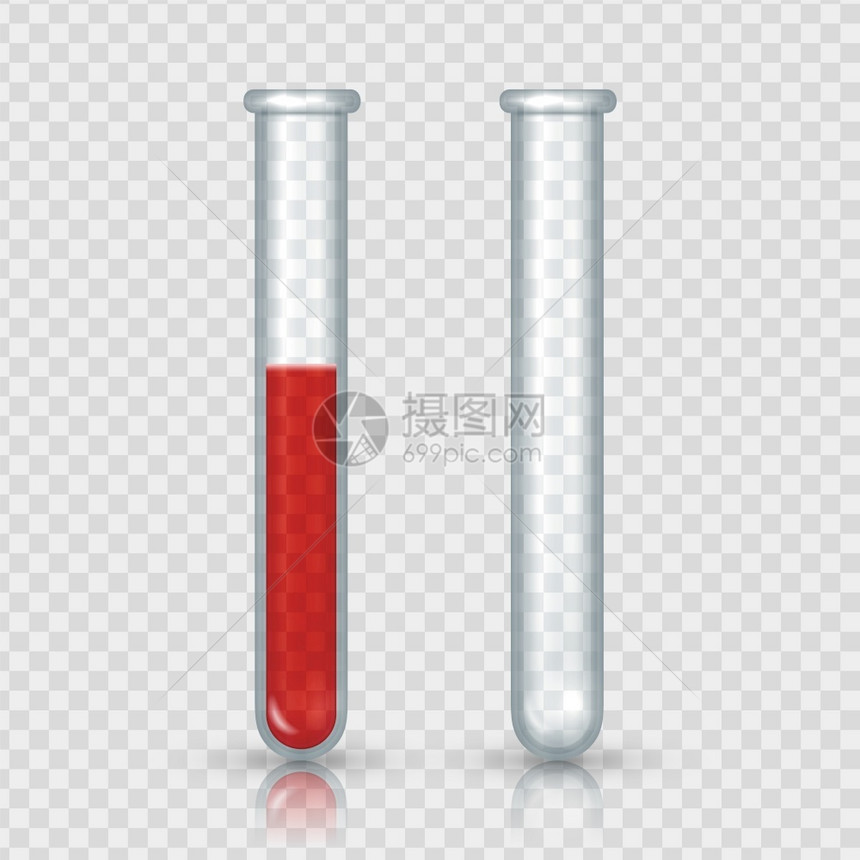 带血液的测试管现实化的验室设备透明背景的空和满玻璃瓶对称装有红色液体的实验室瓶子用于实验的单独医疗标本矢量集透明背景的空和满玻璃图片