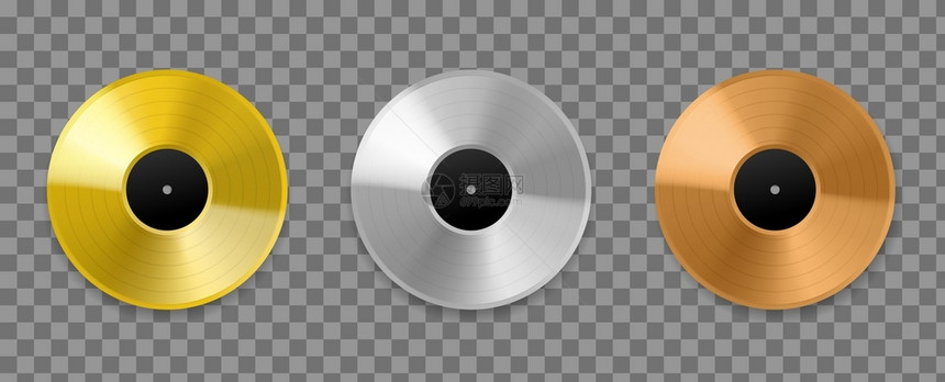 金属乙烯记录现实的3D金青铜和白最高图表音乐磁盘奖专辑歌曲和手银粉色金模型矢量设置在透明背景上隔离金属乙烯记录现实的金铜和白最高图片