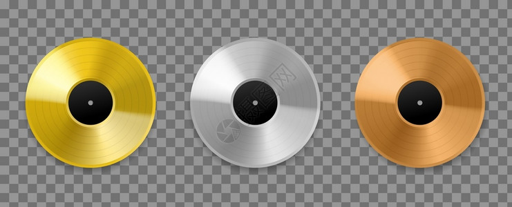 金属乙烯记录现实的3D金青铜和白最高图表音乐磁盘奖专辑歌曲和手银粉色金模型矢量设置在透明背景上隔离金属乙烯记录现实的金铜和白最高背景图片
