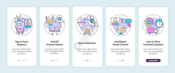 5m大图带有概念的移动应用程序页面屏幕上的M2M通信类型备件请求数据收集通过5步图形指示配有RGB颜色插图的UI矢量模板带有概念的移动应插画