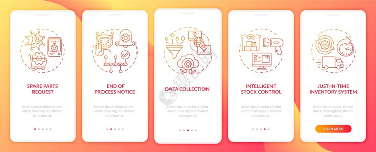 5m大图带概念的移动应用程序页面屏幕上的M2M通信类型库存控制数据收集通过5步图形指示配有RGB颜色插图的UI矢量模板装有概念的移动应用插画