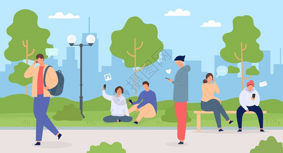 闺蜜小聚城市里有电话的人在公园里使用小器具的男女在城里人聚一起具有移动技术传器平板概念的人在户外有智能手机的自由应聘者在城里人打电话的具插画