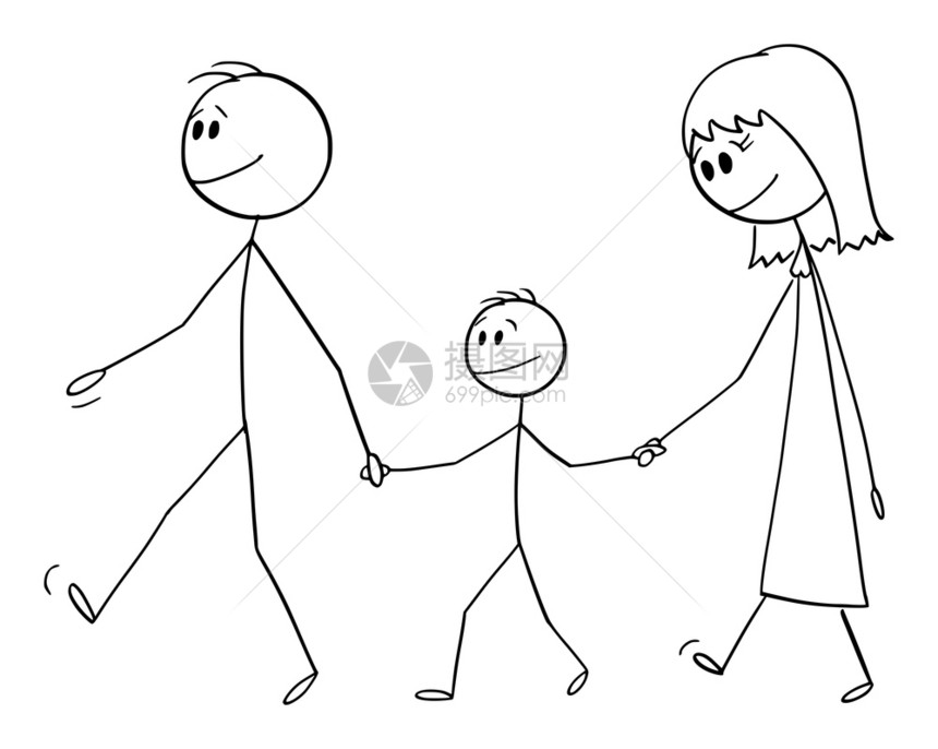 父母与儿子或家人一起散步矢量卡通棒图或格插图片