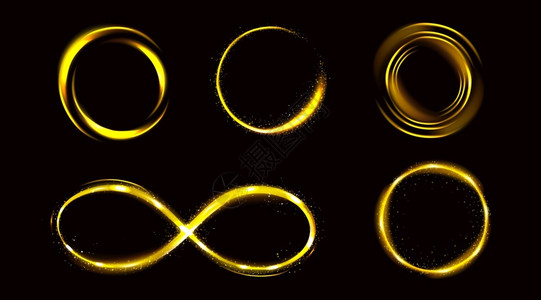 金色无限符号和圆环有闪亮金框的边界有或仙尘发光环孤立的幻想设计元素现实的三维矢量图解设置背景图片