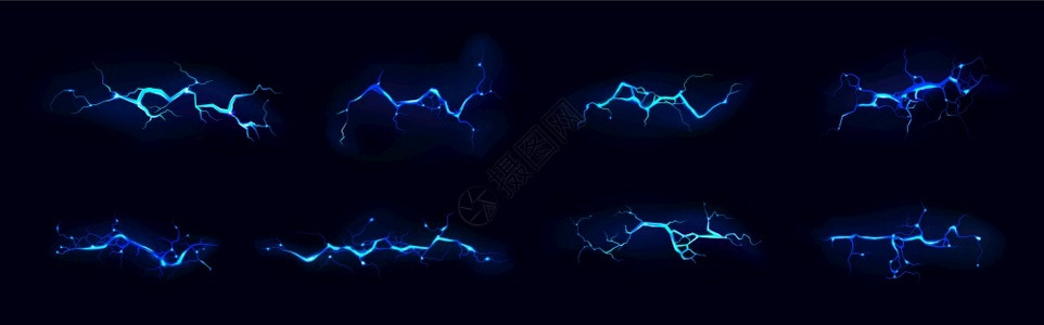 发光裂缝素材电闪雷击夜间暴风雨中蓝色的电雷击撞裂缝神奇能量闪电动放现实的3D矢量螺栓设置在黑色背景上电闪夜间暴雨中击插画