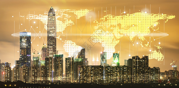 深圳日落景天线建筑城市数字在线全球商业概念和城市国际连线场术语美国航天局提供的这一图像元素背景图片
