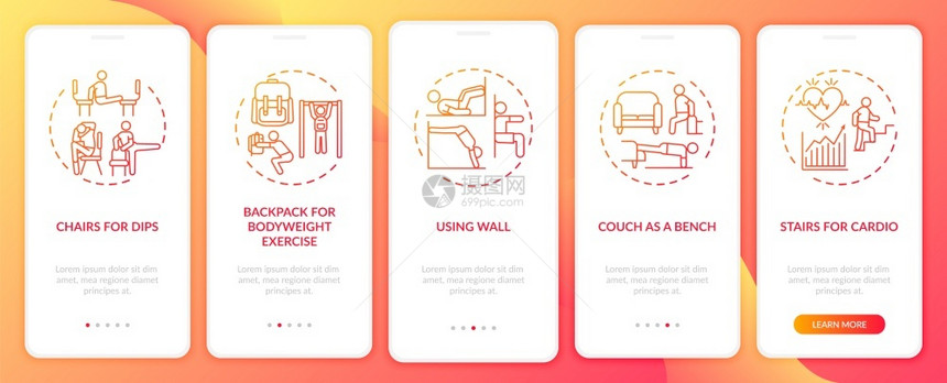 Gym培训替代方法在带有概念的移动应用程序页面屏幕上登移动应用程序的替代方法Couch作为板凳使用墙壁走过5步图形指示UI病媒模图片