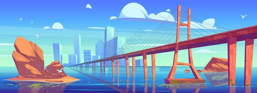 景观桥现代城市天际线插画