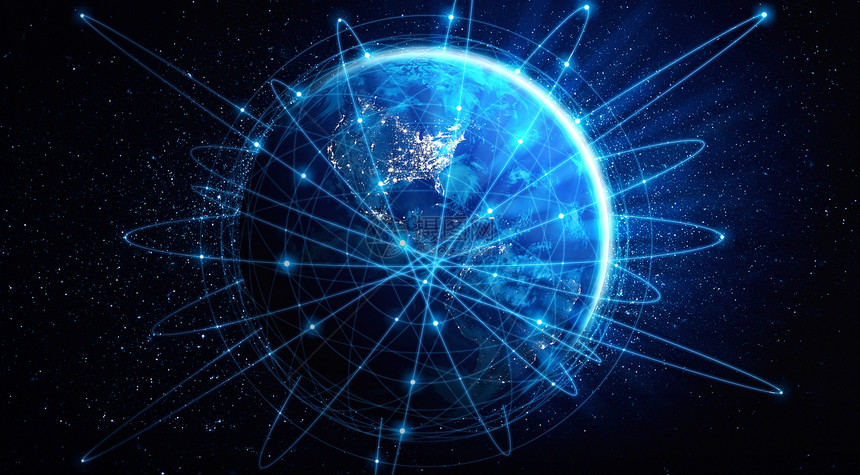 5G无线数字连接概念和在互联网上事物的未来3D插图全球网络连接以创新概念的线路覆盖地球图片