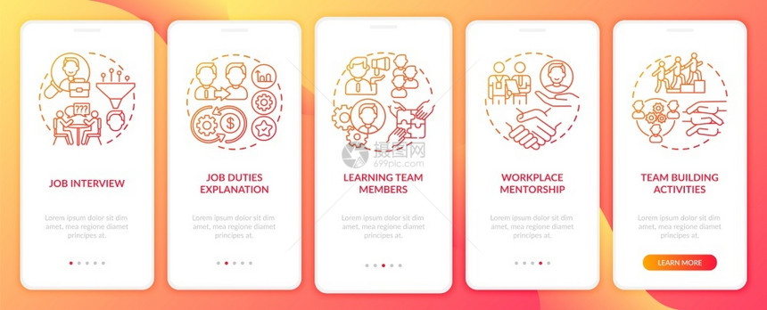 包含概念的移动应用程序页面屏幕上的团队建设活动新的工人步走5图形指示的阶段配有RGB颜色插图的UI矢量模板配有概念的移动应用程序图片