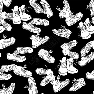 黑色乔丹运动鞋黑色背景上无缝的浮标图案Doodle矢量背景插画
