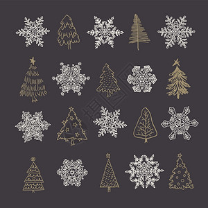 雪花圣诞树和黑暗背景Habd绘制了圣诞节元素集图片
