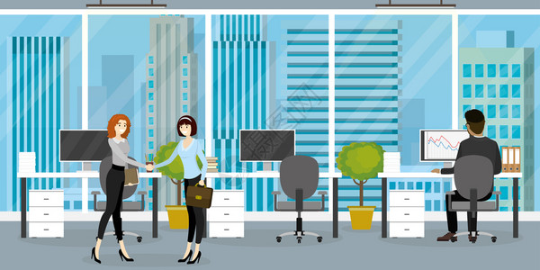现代办公室或合用场所内部有家具三个工作场所不同的工作人员背部和剖面图黄块矢量背景图片