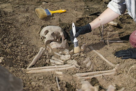 考古挖掘人类遗骸在古墓中发现图片