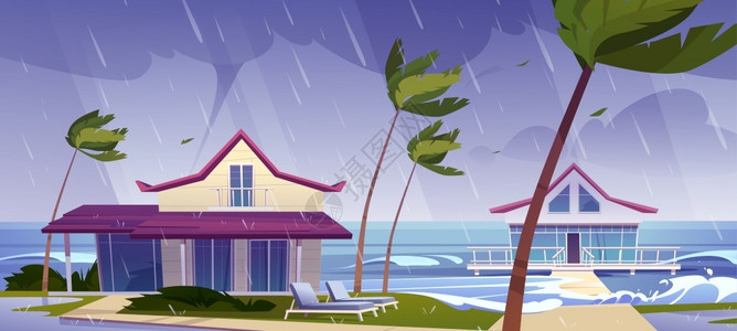 海滩房子热带海滩上下雨龙卷风矢量插画插画