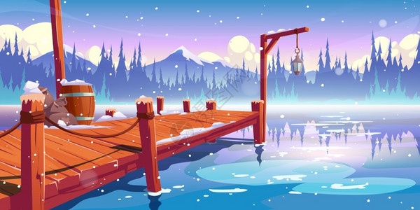 冬天海景冬季池塘或河流码头结冰的河流插画
