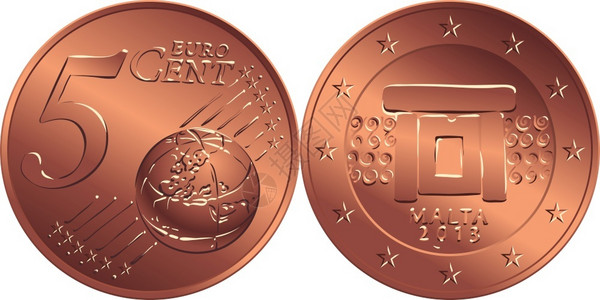 5角硬币以Mnajdra寺庙祭坛为主的马耳他铜币5欧元插画