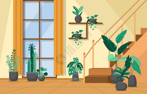房间楼梯绿色装饰植物内置院插画