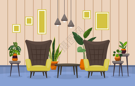 现代室内客厅客厅绿色装饰植物插画