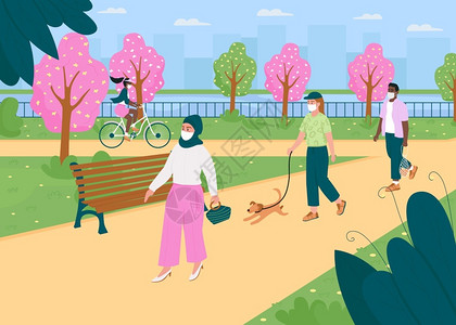 戴着口罩在公园里散步的人们卡通矢量插画图片
