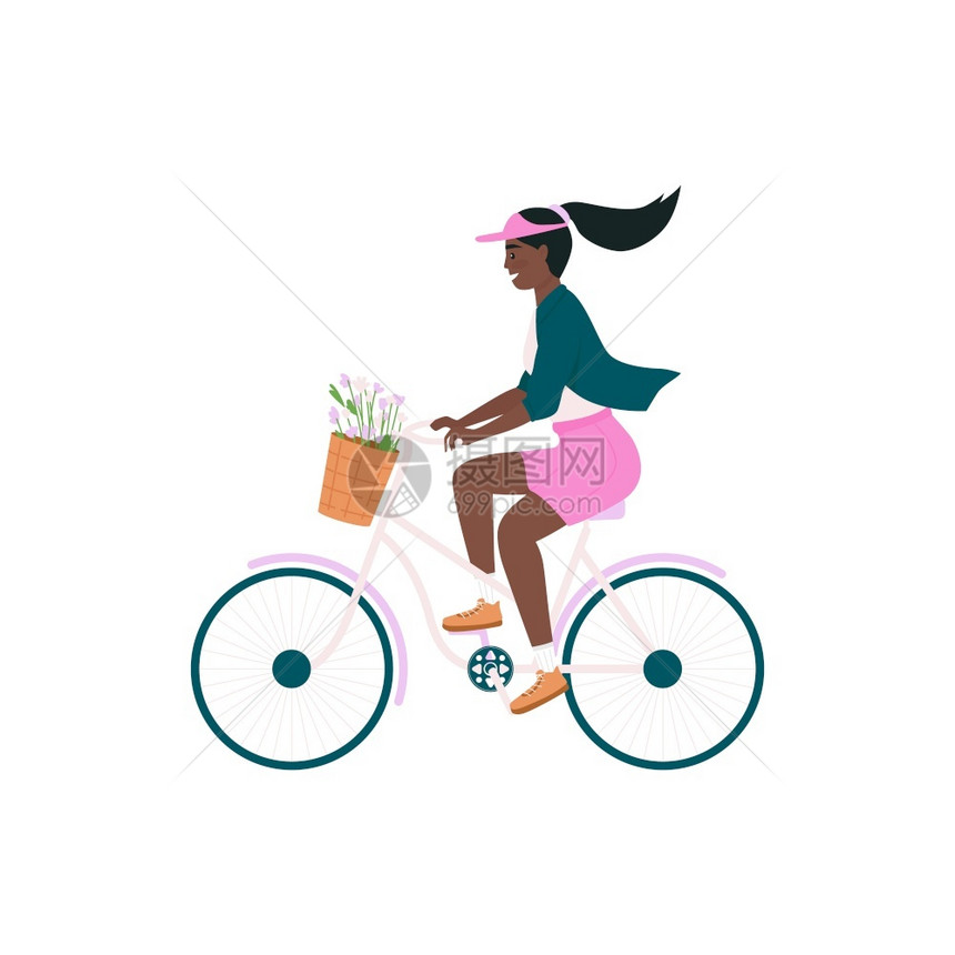 骑自行车的非洲美妇女骑自行车的平板彩色矢量详细字符骑自行车的快乐女孩春季户外活动为网络图形设计和动画制作提供孤立的漫画插图骑自行图片