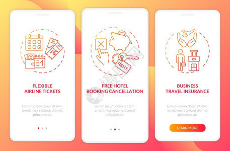 核相关提示旅行保险通过三步图示指UI矢量模板配有RGB彩色插图相关营销提示装有概念的移动应用程序页面屏幕插画