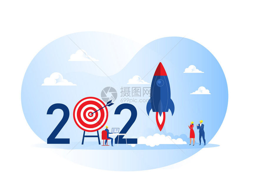 2021年新年快乐人民发射太空飞船火箭业务项目启动概念矢量插图图片