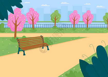 开背虾位于河附近的城市公园位于春季平面彩色矢量示意图中街道步行开绿树户外风景公共花园的通道春季2D卡通城市风景背有天线春季平面彩色矢量插画