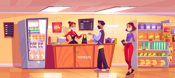 Konbini在柜台与女卖方的便利商店和排队的人24小时开业商店的矢量漫画内部有收银员和顾客面罩保护的日本超市和顾客背景图片