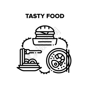 芝士焗虾饼干三明治意大利面粉和新鲜海虾鸡蛋煮熟的海鲜汤餐厅和咖啡美味食品黑说明插画