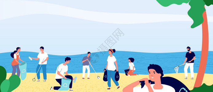 围海造滩在海洋滩上收集垃圾的人志愿员清洁环境质生态和清洁的地球媒介漫画概念收集垃圾和图解的志愿人员生态和清洁的地球媒介漫画概念插画