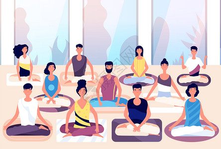 瑜伽团队冥想做瑜伽的团队卡通矢量插画插画